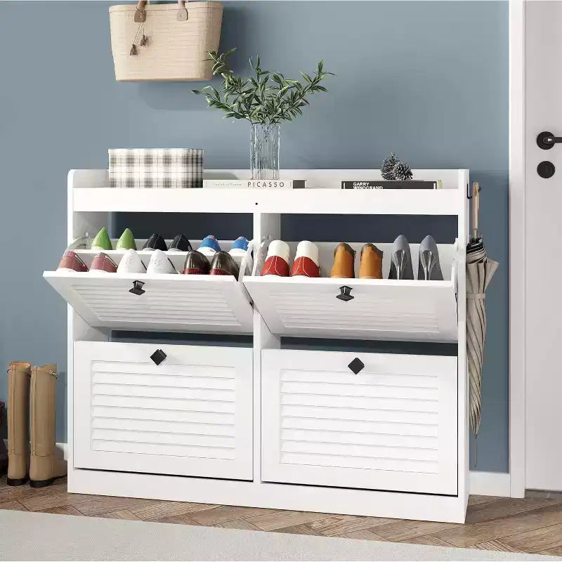Grande scarpiera in rattan con 4 cassetti a ribalta, portascarpe autoportante con gambe in legno, scarpiera stretta