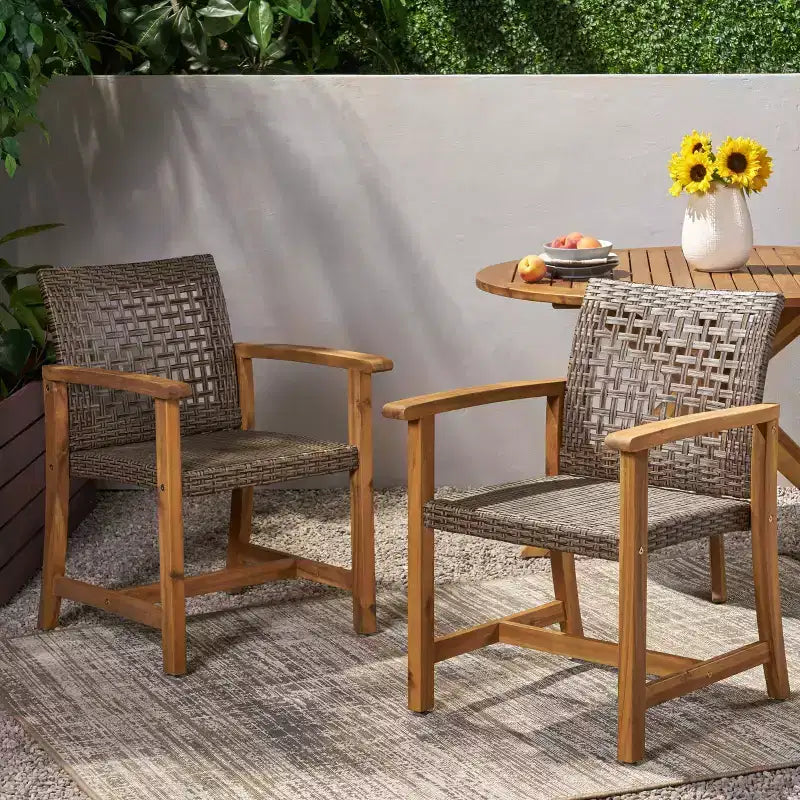 MAYEERTY Set di 2 sedie da pranzo da esterno in legno di acacia per patio con seduta intrecciata Capacità 180 kg