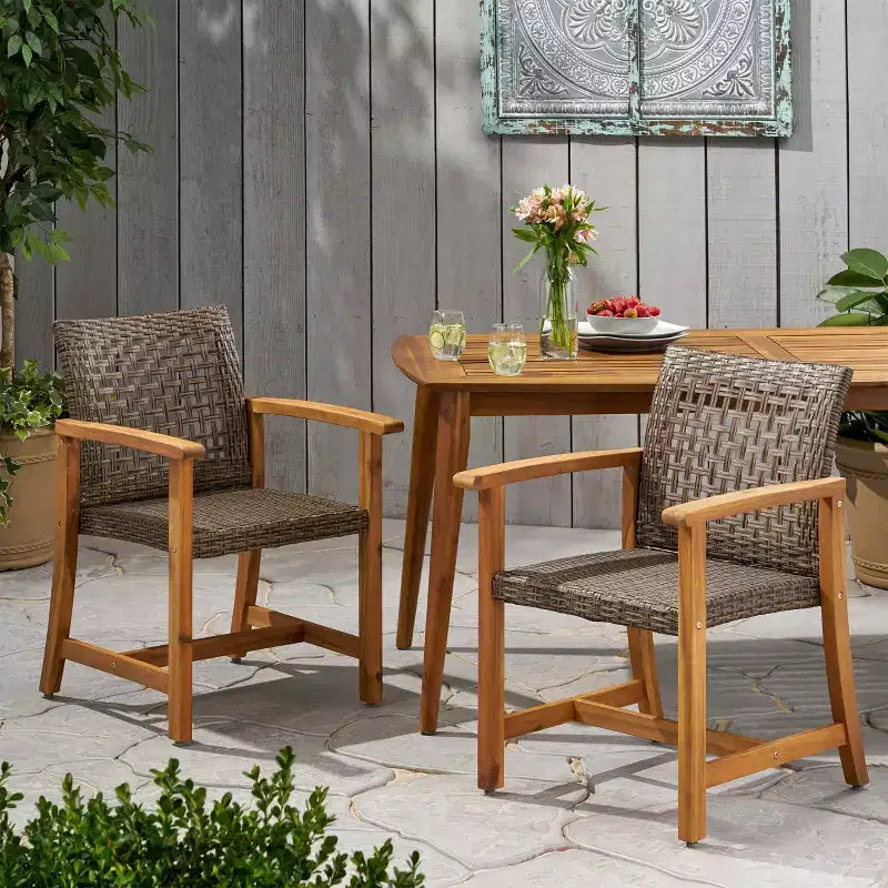 MAYEERTY Set di 2 sedie da pranzo da esterno in legno di acacia per patio con seduta intrecciata Capacità 180 kg