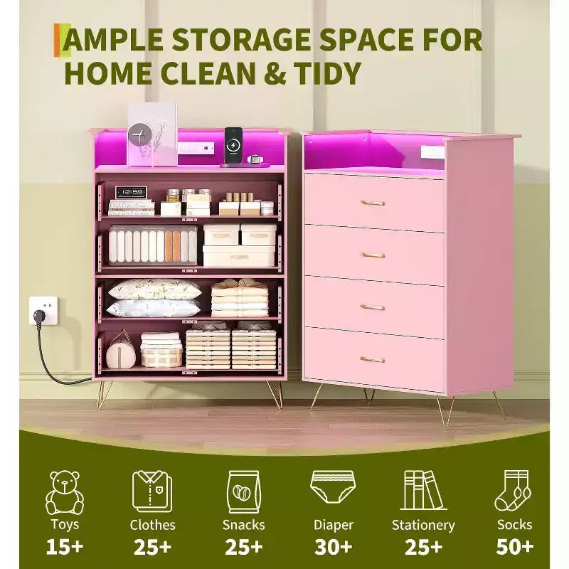 Comò Acekool a 4 cassetti con stazione di ricarica, Cassettiera moderna con controllo APP, Ampio mobile contenitore per camera da letto e soggiorno