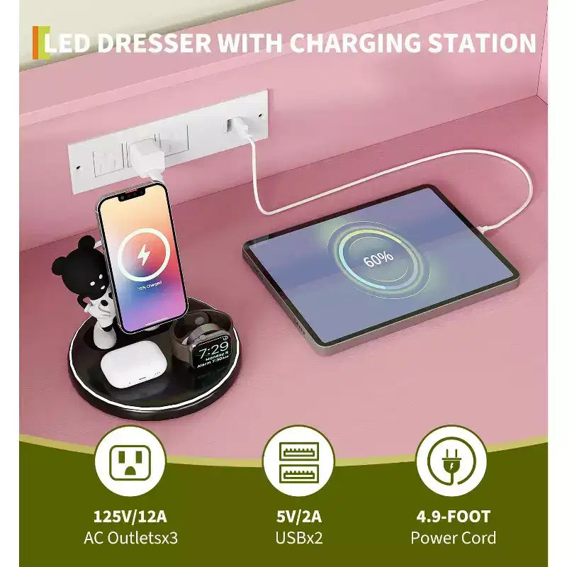 Comò Acekool a 4 cassetti con stazione di ricarica, Cassettiera moderna con controllo APP, Ampio mobile contenitore per camera da letto e soggiorno