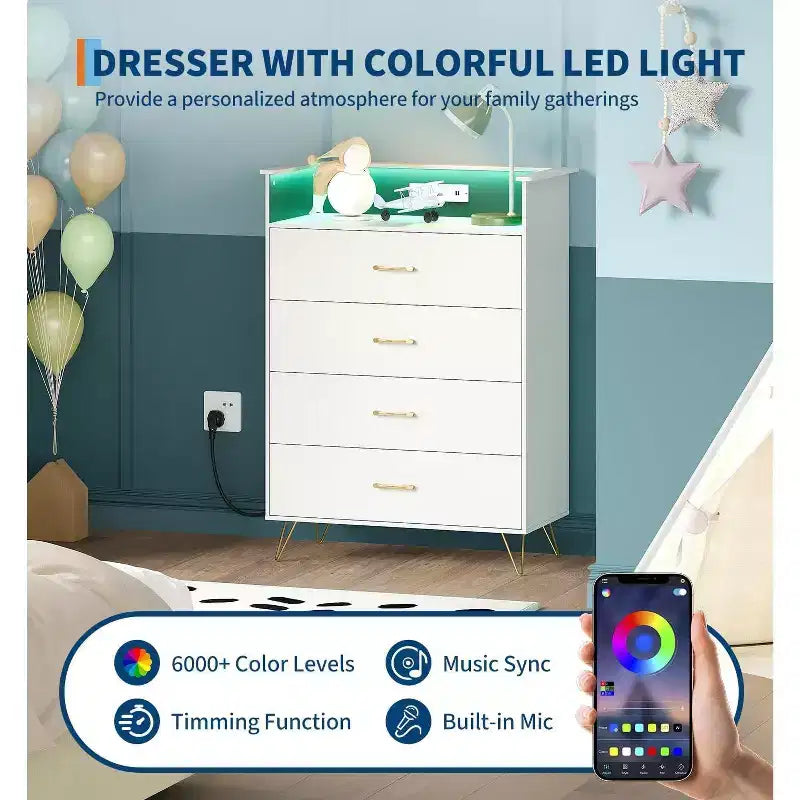 Comò Acekool a 4 cassetti con stazione di ricarica, Cassettiera moderna con controllo APP, Ampio mobile contenitore per camera da letto e soggiorno