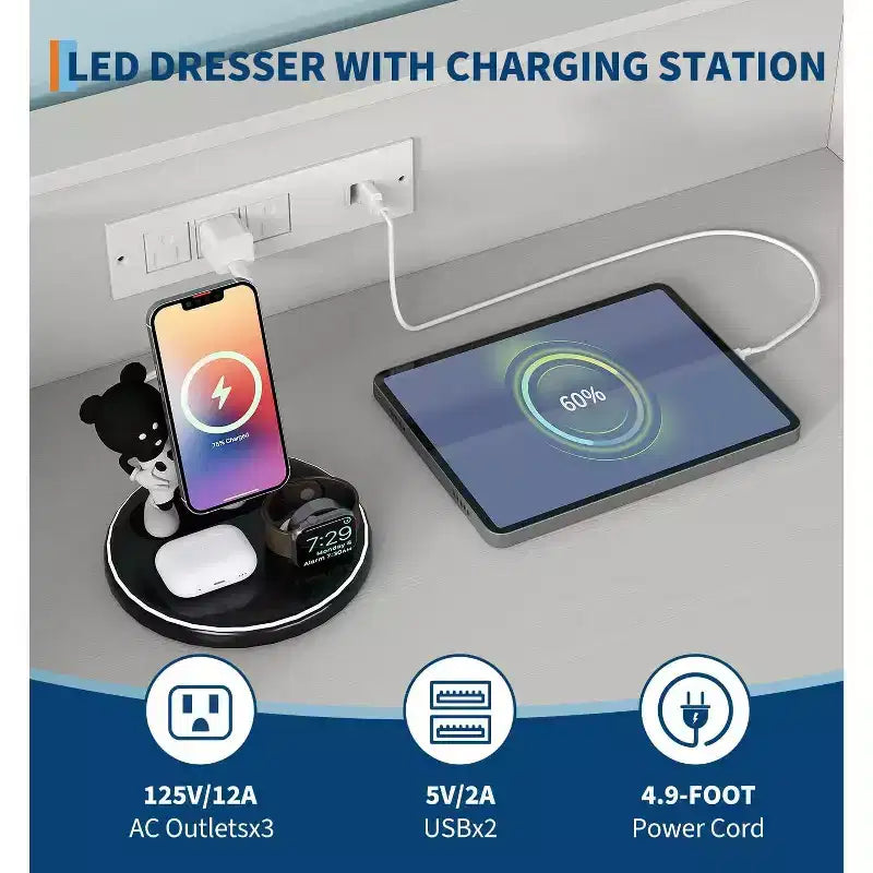 Comò Acekool a 4 cassetti con stazione di ricarica, Cassettiera moderna con controllo APP, Ampio mobile contenitore per camera da letto e soggiorno