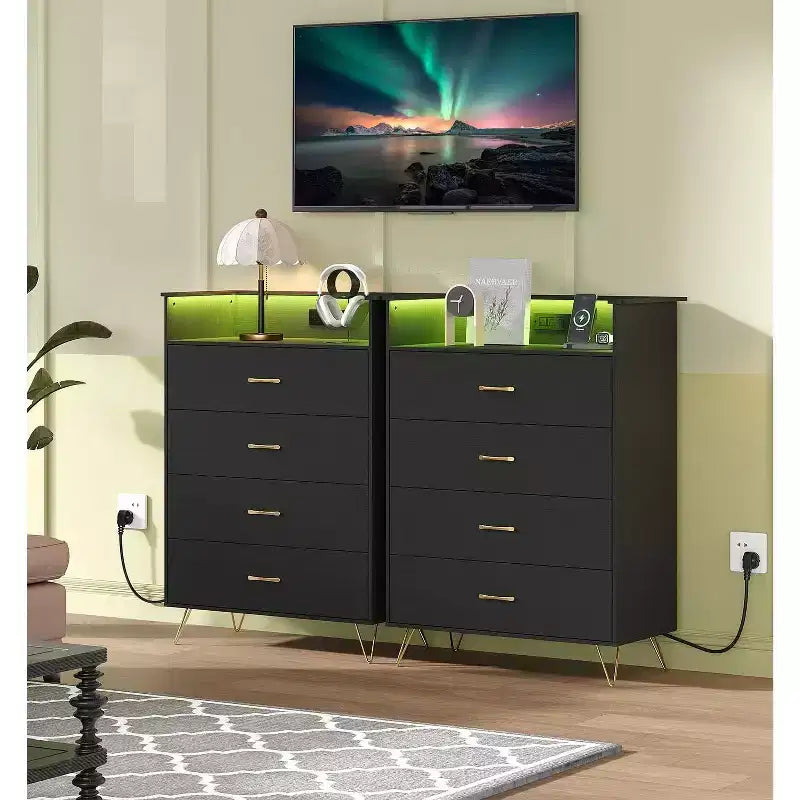 Comò Acekool a 4 cassetti con stazione di ricarica, Cassettiera moderna con controllo APP, Ampio mobile contenitore per camera da letto e soggiorno