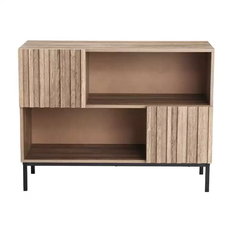 Farmhouse Entryway Table, Stylish Buffet Storage Cabinet with Display Shelf and Metal Legs, for Living Room, Hallway, Black+Oak