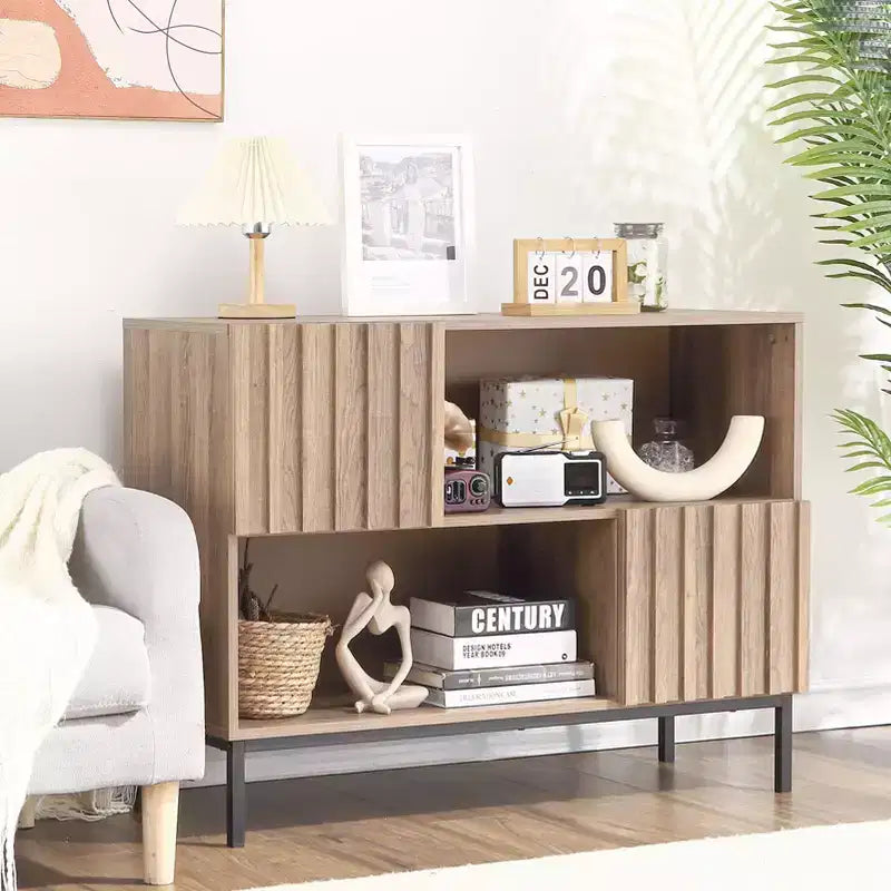 Tavolo da ingresso stile rustico, elegante armadietto/credenza con ripiano espositivo e gambe in metallo, per soggiorno, corridoio, nero+quercia