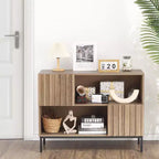 Tavolo da ingresso stile rustico, elegante armadietto/credenza con ripiano espositivo e gambe in metallo, per soggiorno, corridoio, nero+quercia