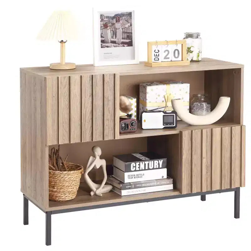 Tavolo da ingresso stile rustico, elegante armadietto/credenza con ripiano espositivo e gambe in metallo, per soggiorno, corridoio, nero+quercia