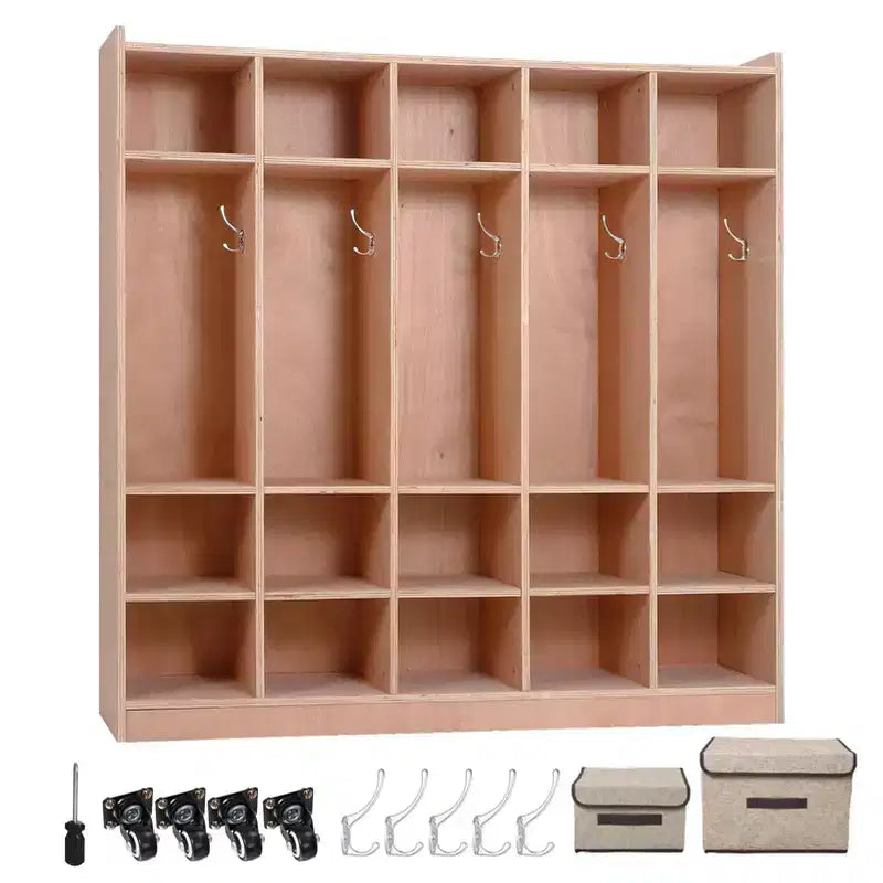 5-Section Classroom Coat Locker, 15 Cubbies for Classrooms with Anti-tip Anchors, Daycare Cubby with 4 casters, 5 Hooks and 2 Storage Boxes