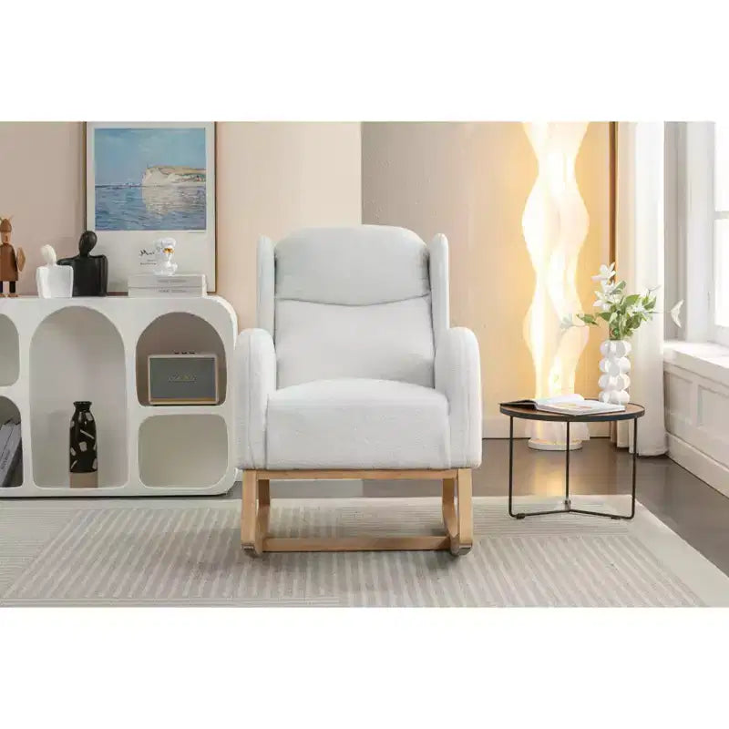 Sedia a dondolo MAYEERTY in tessuto Teddy, gambe in legno massiccio, uso domestico, avorio