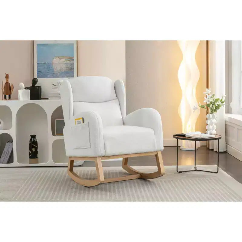 Sedia a dondolo MAYEERTY in tessuto Teddy, gambe in legno massiccio, uso domestico, avorio
