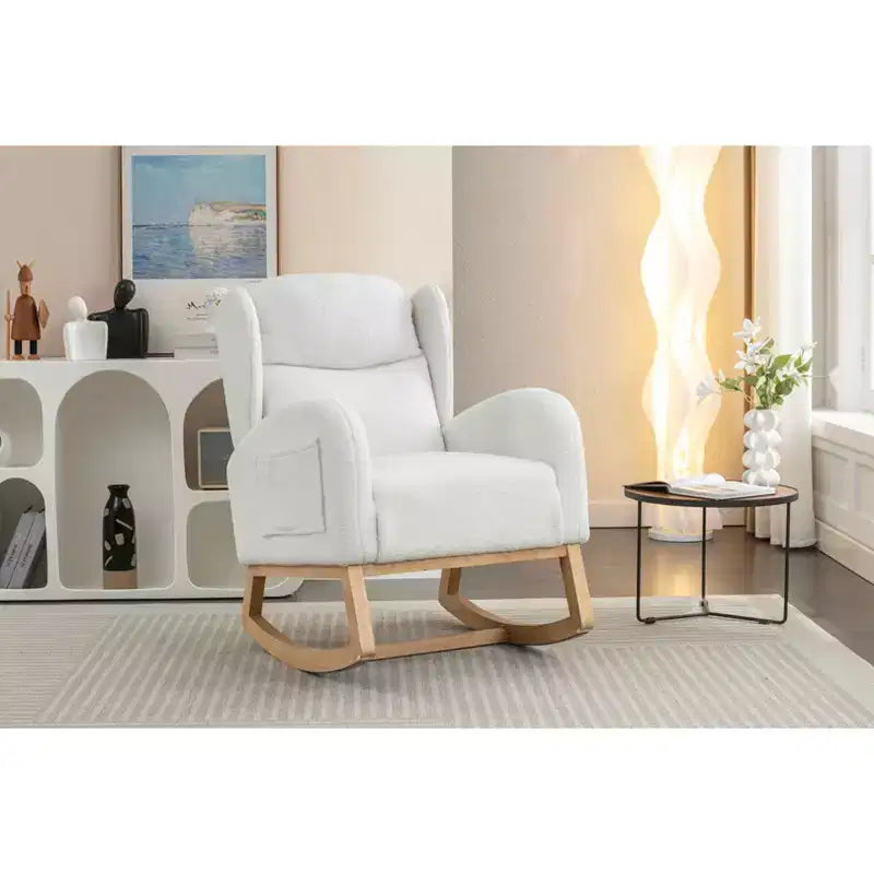 Sedia a dondolo MAYEERTY in tessuto Teddy, gambe in legno massiccio, uso domestico, avorio