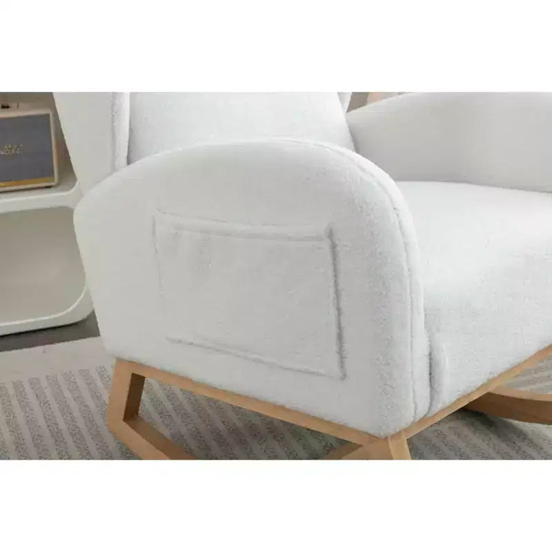 Sedia a dondolo MAYEERTY in tessuto Teddy, gambe in legno massiccio, uso domestico, avorio