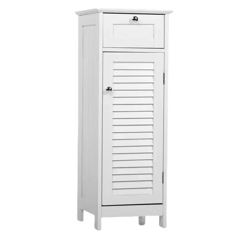 AEELLEEA Minimalist Slim Freestanding Narrow Floor Cabinet - Drawer & Shutter Door Storage for Bathroom Living Room Bedroom Entryway White