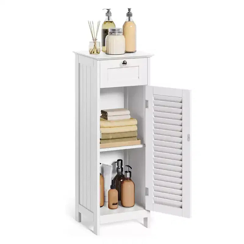 AEELLEEA Mobiletto a Colonna Minimalista, Sottile, da Terra, Stretto - Cassetto e Ante a Persiana per Bagno, Soggiorno, Camera da Letto, Ingresso, Bianco