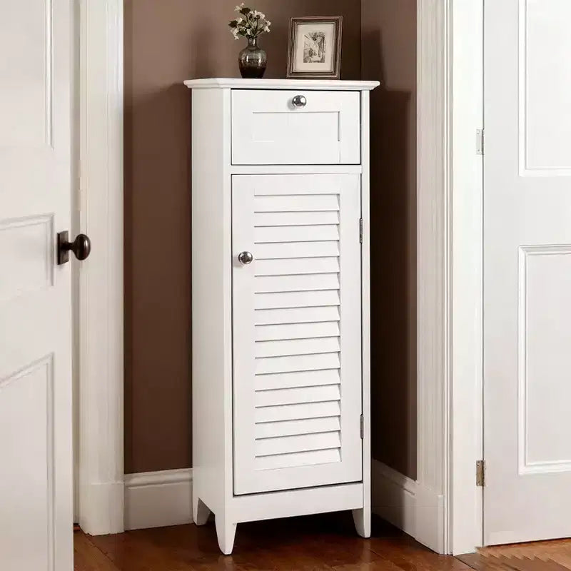 AEELLEEA Mobiletto a Colonna Minimalista, Sottile, da Terra, Stretto - Cassetto e Ante a Persiana per Bagno, Soggiorno, Camera da Letto, Ingresso, Bianco