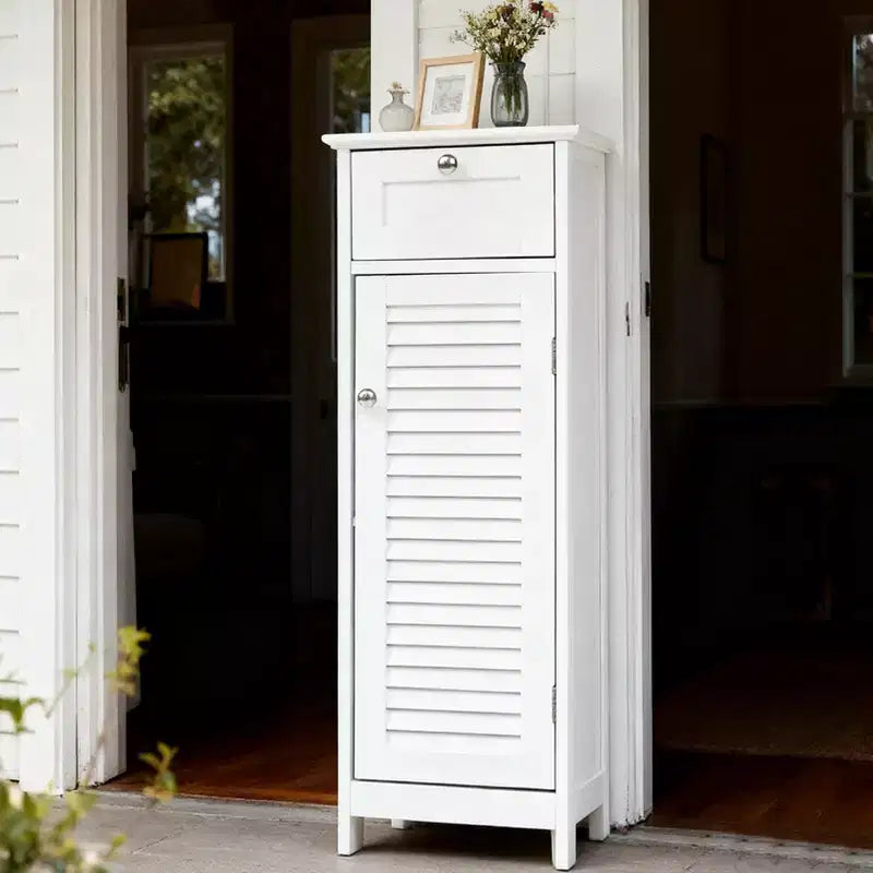 AEELLEEA Mobiletto a Colonna Minimalista, Sottile, da Terra, Stretto - Cassetto e Ante a Persiana per Bagno, Soggiorno, Camera da Letto, Ingresso, Bianco