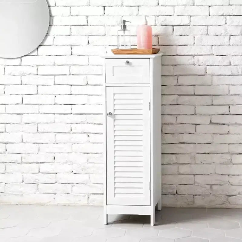 AEELLEEA Mobiletto a Colonna Minimalista, Sottile, da Terra, Stretto - Cassetto e Ante a Persiana per Bagno, Soggiorno, Camera da Letto, Ingresso, Bianco