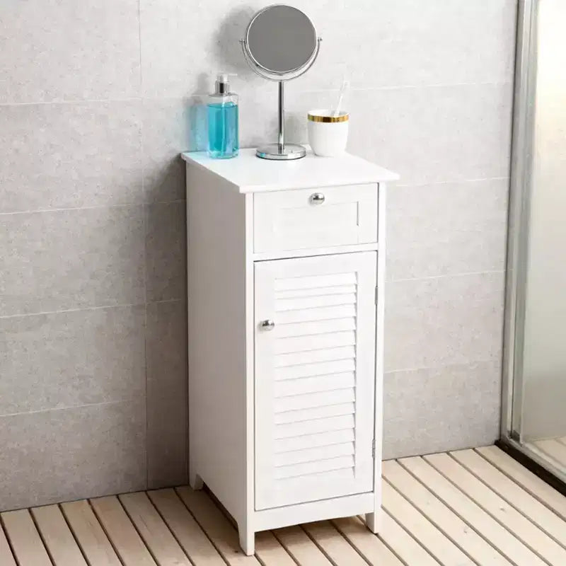 AEELLEEA Mobiletto a Colonna Minimalista, Sottile, da Terra, Stretto - Cassetto e Ante a Persiana per Bagno, Soggiorno, Camera da Letto, Ingresso, Bianco