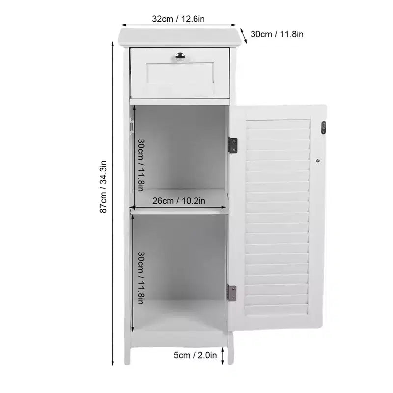AEELLEEA Mobiletto a Colonna Minimalista, Sottile, da Terra, Stretto - Cassetto e Ante a Persiana per Bagno, Soggiorno, Camera da Letto, Ingresso, Bianco