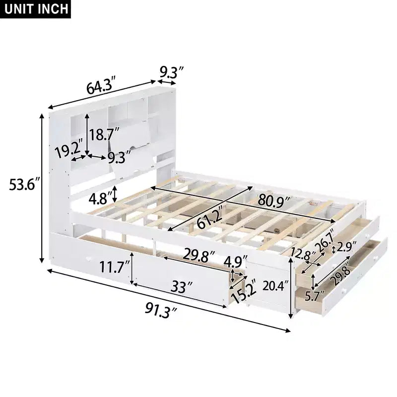 Luxystar Letto con piattaforma in legno con testiera contenitore e 8 cassetti