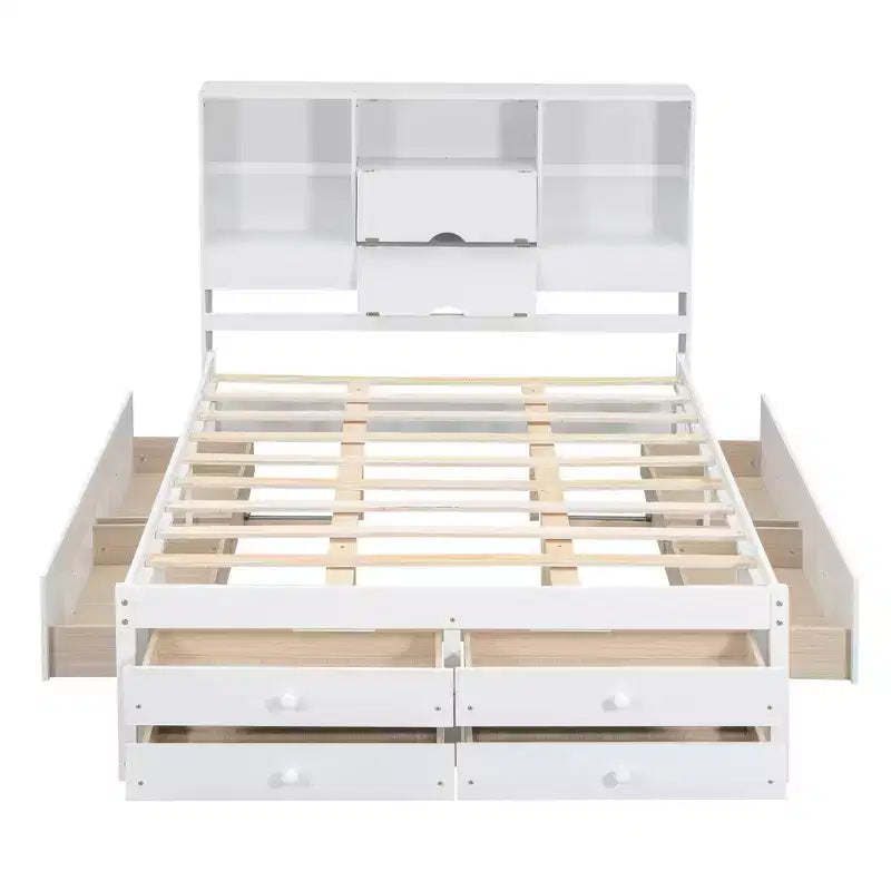 Luxystar Letto con piattaforma in legno con testiera contenitore e 8 cassetti
