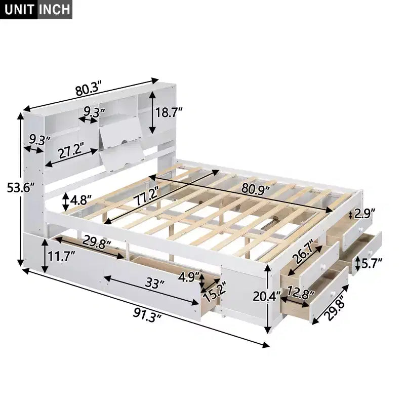 Luxystar Letto con piattaforma in legno con testiera contenitore e 8 cassetti