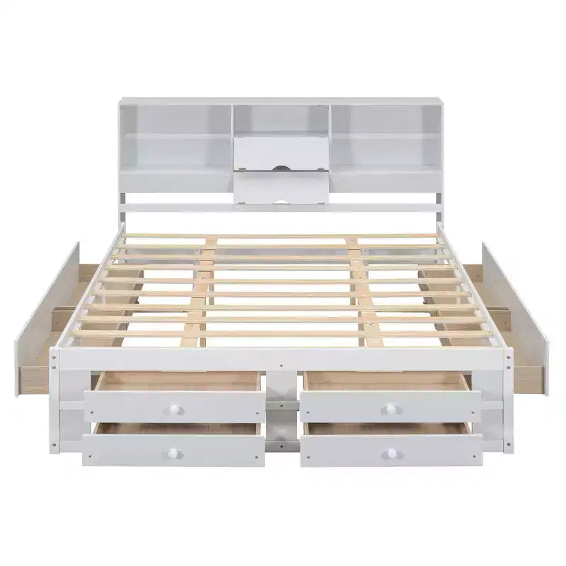 Luxystar Letto con piattaforma in legno con testiera contenitore e 8 cassetti