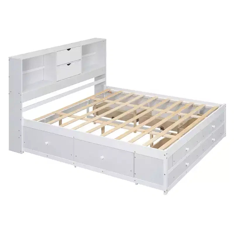 Luxystar Letto con piattaforma in legno con testiera contenitore e 8 cassetti