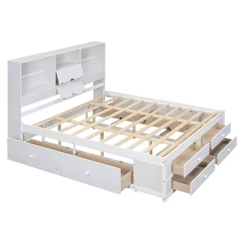 Luxystar Letto con piattaforma in legno con testiera contenitore e 8 cassetti