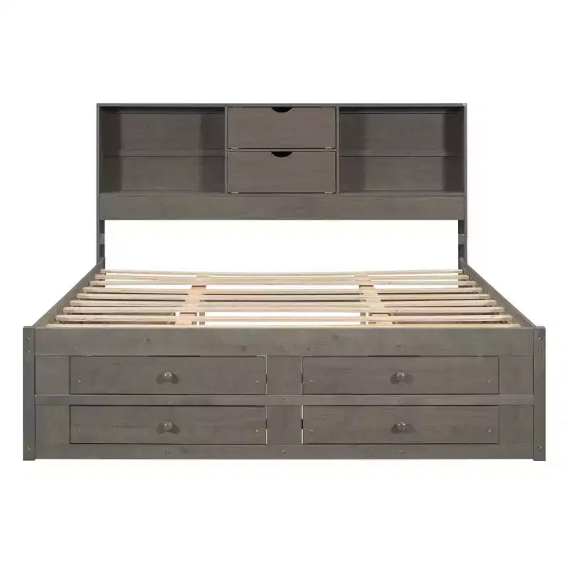 Luxystar Letto con piattaforma in legno con testiera contenitore e 8 cassetti