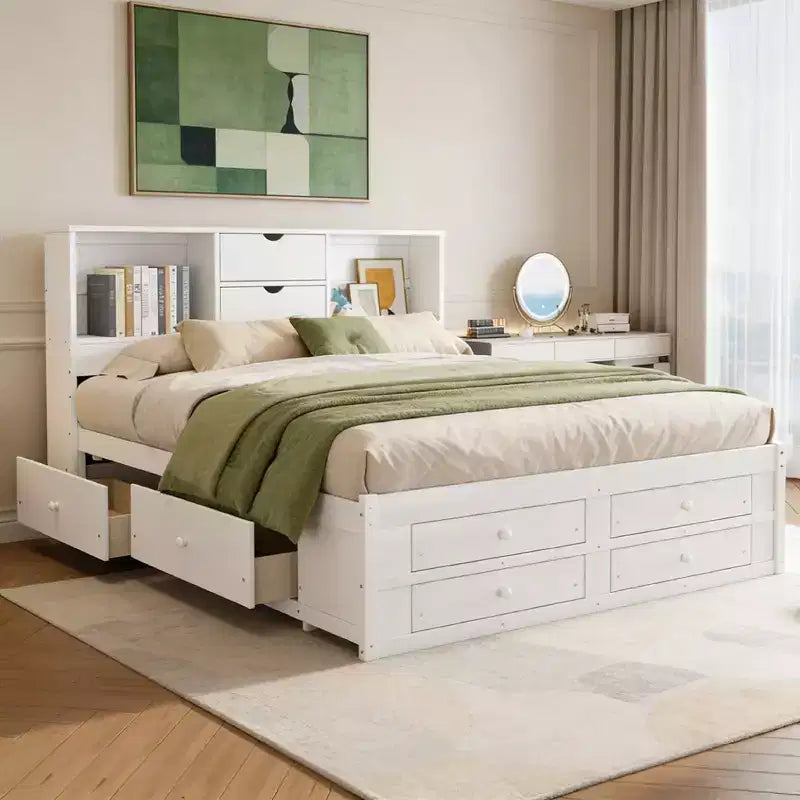 Luxystar Letto con piattaforma in legno con testiera contenitore e 8 cassetti