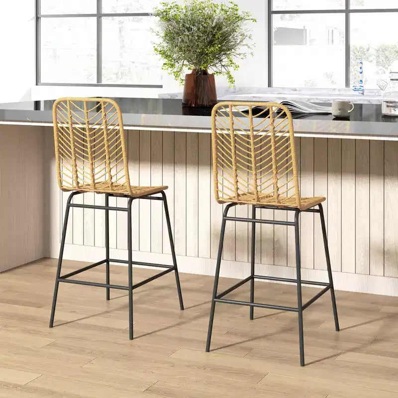 Set di 2 sgabelli da bar in rattan con gambe in acciaio e poggiapiedi per sala da pranzo, cucina, pub, colore giallo