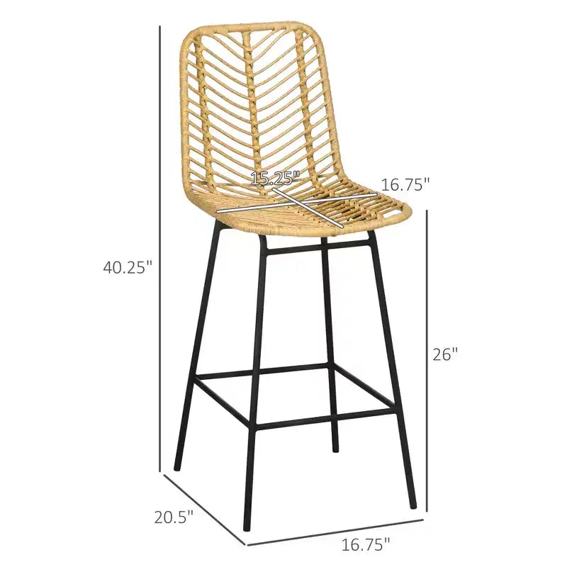Set di 2 sgabelli da bar in rattan con gambe in acciaio e poggiapiedi per sala da pranzo, cucina, pub, colore giallo