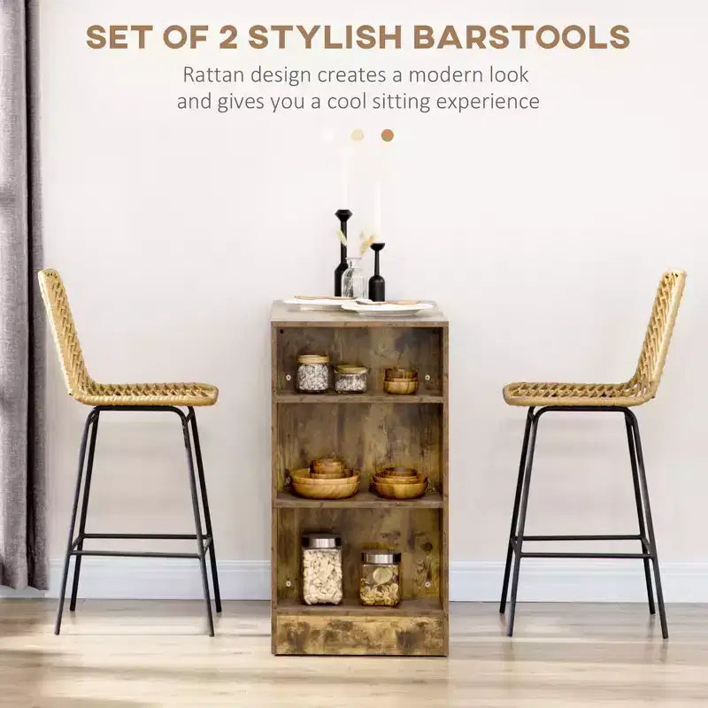 Set di 2 sgabelli da bar in rattan con gambe in acciaio e poggiapiedi per sala da pranzo, cucina, pub, colore giallo