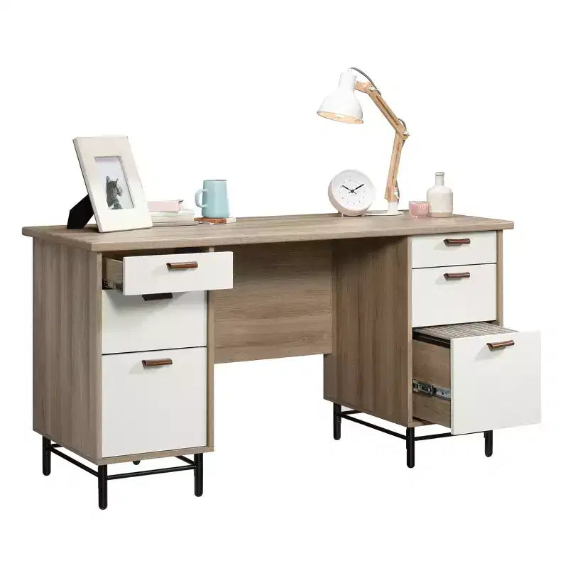 Scrivania moderna GDFStudio Ellington 56 con 6 cassetti in legno e base in metallo