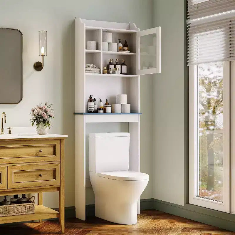 Over The Toilet Storage Cabinet, Space-Saving Above Bathroom Shelf Organizer with Adjustable Shelves, Small Freestanding Cabinet with Anti-Tip Device