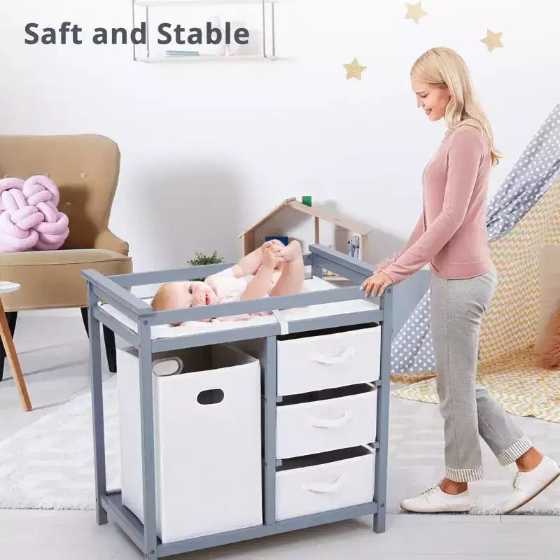 Fasciatoio e Cassettiera in Legno con 3 Cassetti, Cesto Portabiancheria e Materassino Fasciatoio. Stazione per Neonati e Bambini