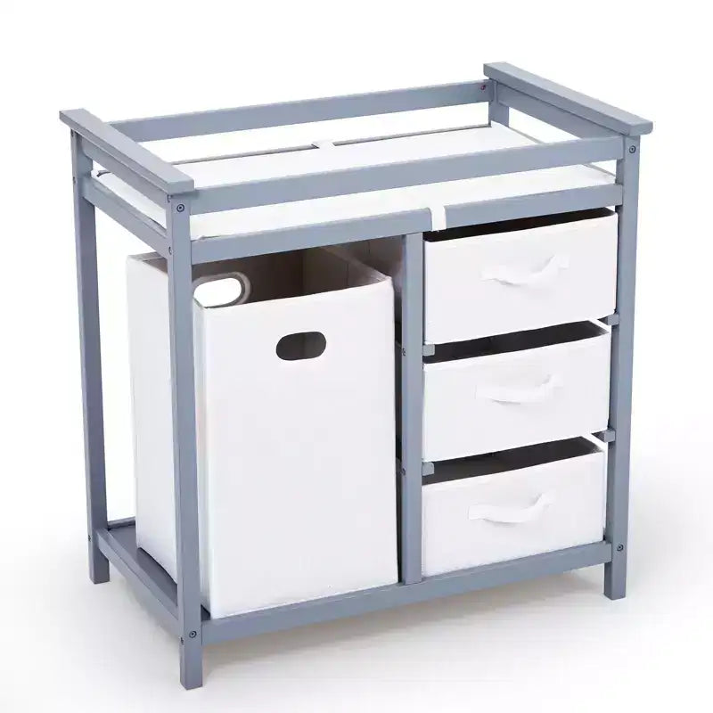 Fasciatoio e Cassettiera in Legno con 3 Cassetti, Cesto Portabiancheria e Materassino Fasciatoio. Stazione per Neonati e Bambini
