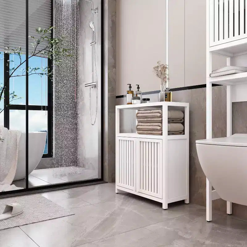 Large Capacity Bamboo Bathroom Storage Cabinet with One Open Shelf, White