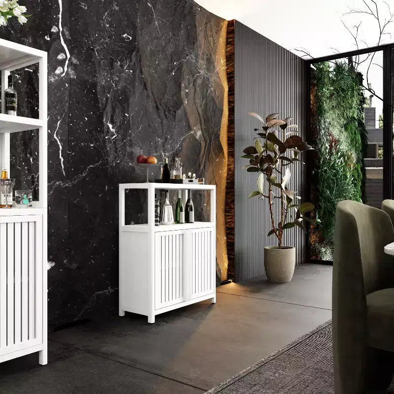 Mobiletto da bagno in bambù di grande capacità con una mensola aperta, bianco