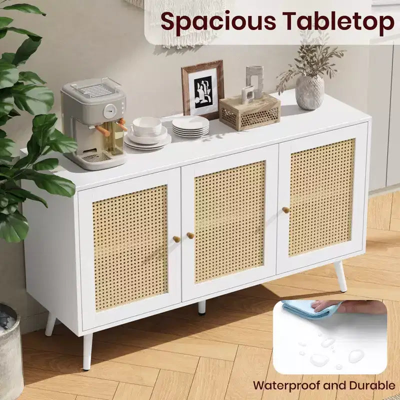 Mobile buffet a 3 ante in rattan con contenitore, credenza da appoggio per cucina e sala da pranzo