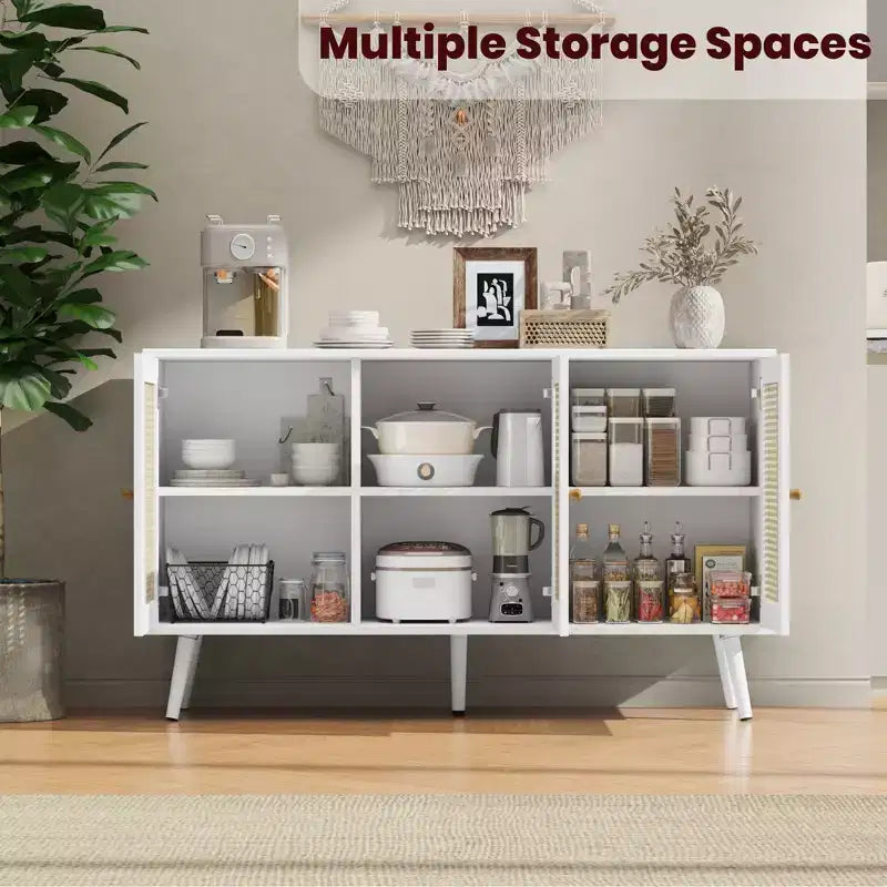 Mobile buffet a 3 ante in rattan con contenitore, credenza da appoggio per cucina e sala da pranzo
