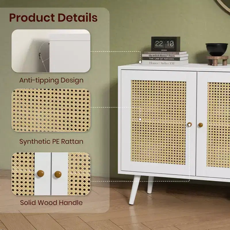 Mobile buffet a 3 ante in rattan con contenitore, credenza da appoggio per cucina e sala da pranzo