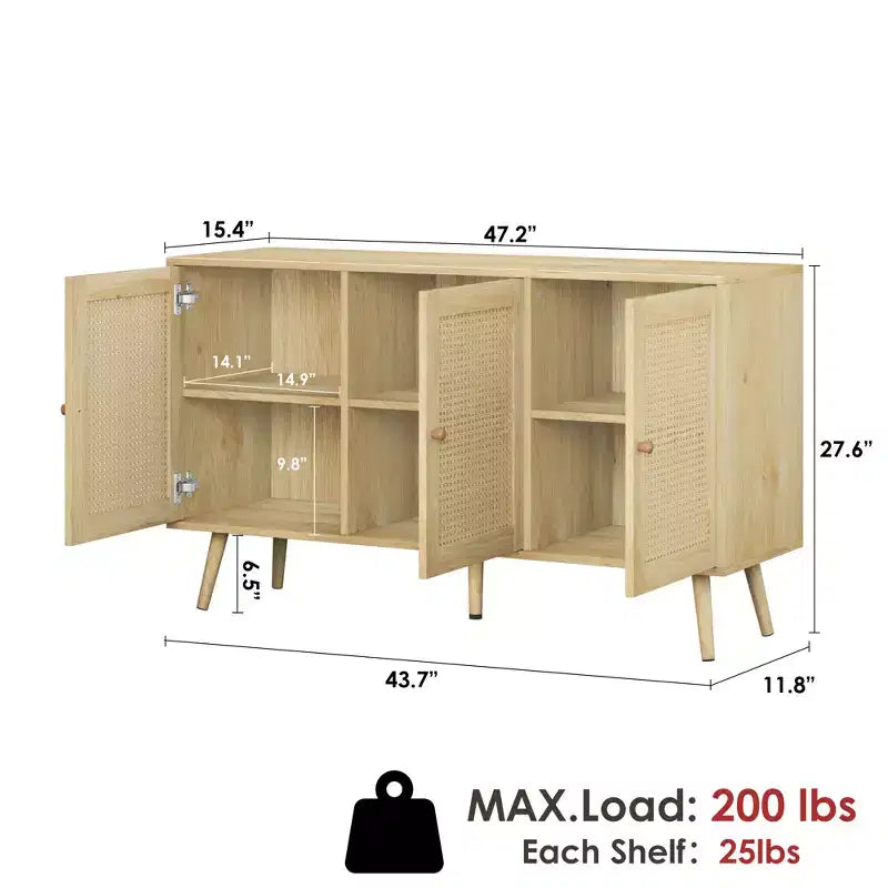 Mobile buffet a 3 ante in rattan con contenitore, credenza da appoggio per cucina e sala da pranzo