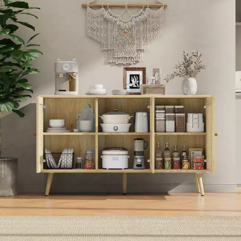 Mobile buffet a 3 ante in rattan con contenitore, credenza da appoggio per cucina e sala da pranzo