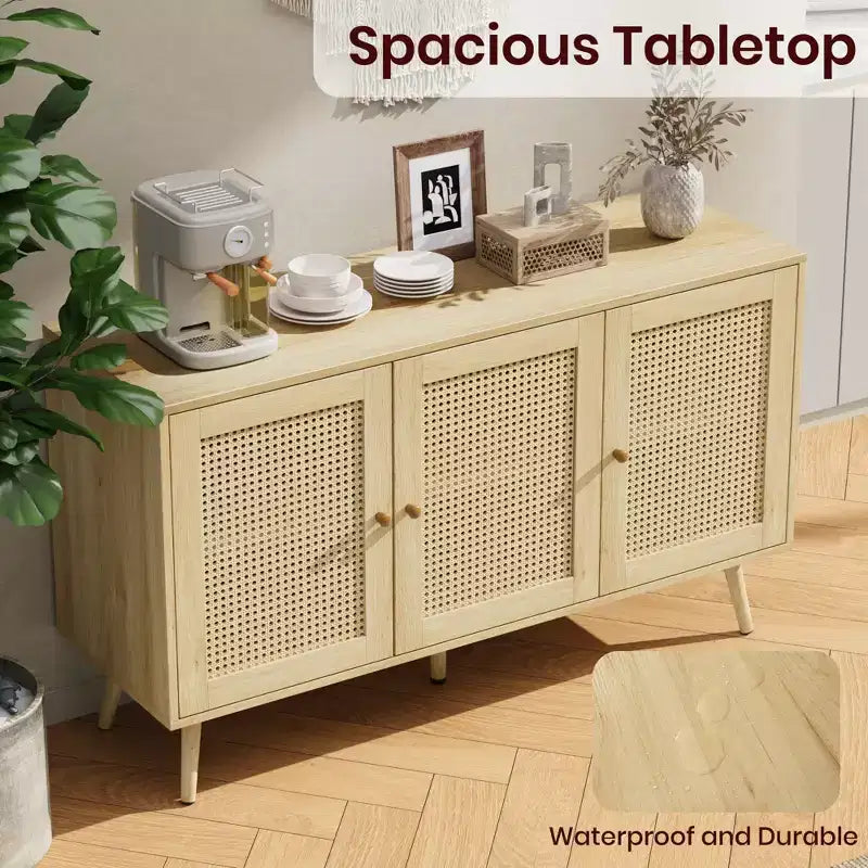 Mobile buffet a 3 ante in rattan con contenitore, credenza da appoggio per cucina e sala da pranzo