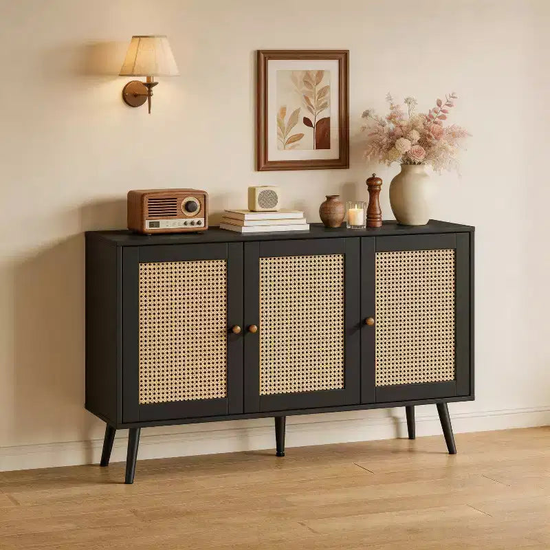 Mobile buffet a 3 ante in rattan con contenitore, credenza da appoggio per cucina e sala da pranzo