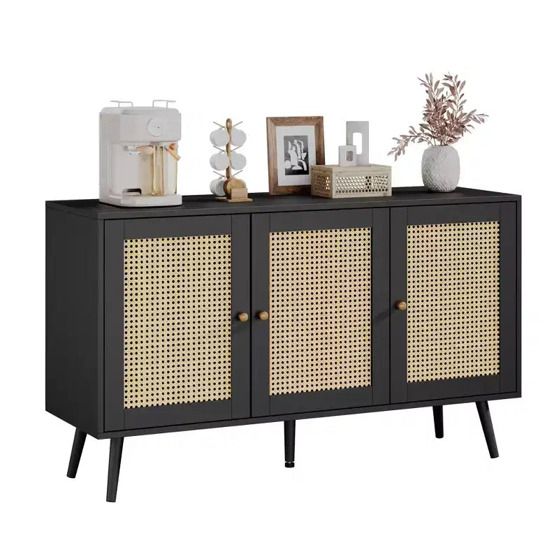 Mobile buffet a 3 ante in rattan con contenitore, credenza da appoggio per cucina e sala da pranzo