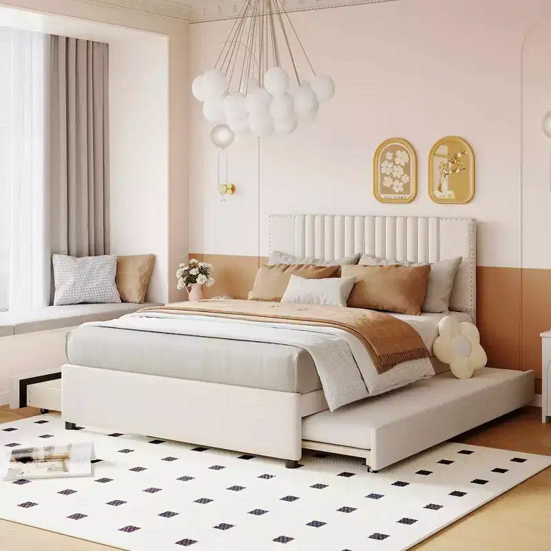MAYEERTY Upholstered Platform Bed with 2 Drawers & Trundle, 400lbs Capacity MDF Plywood Frame
